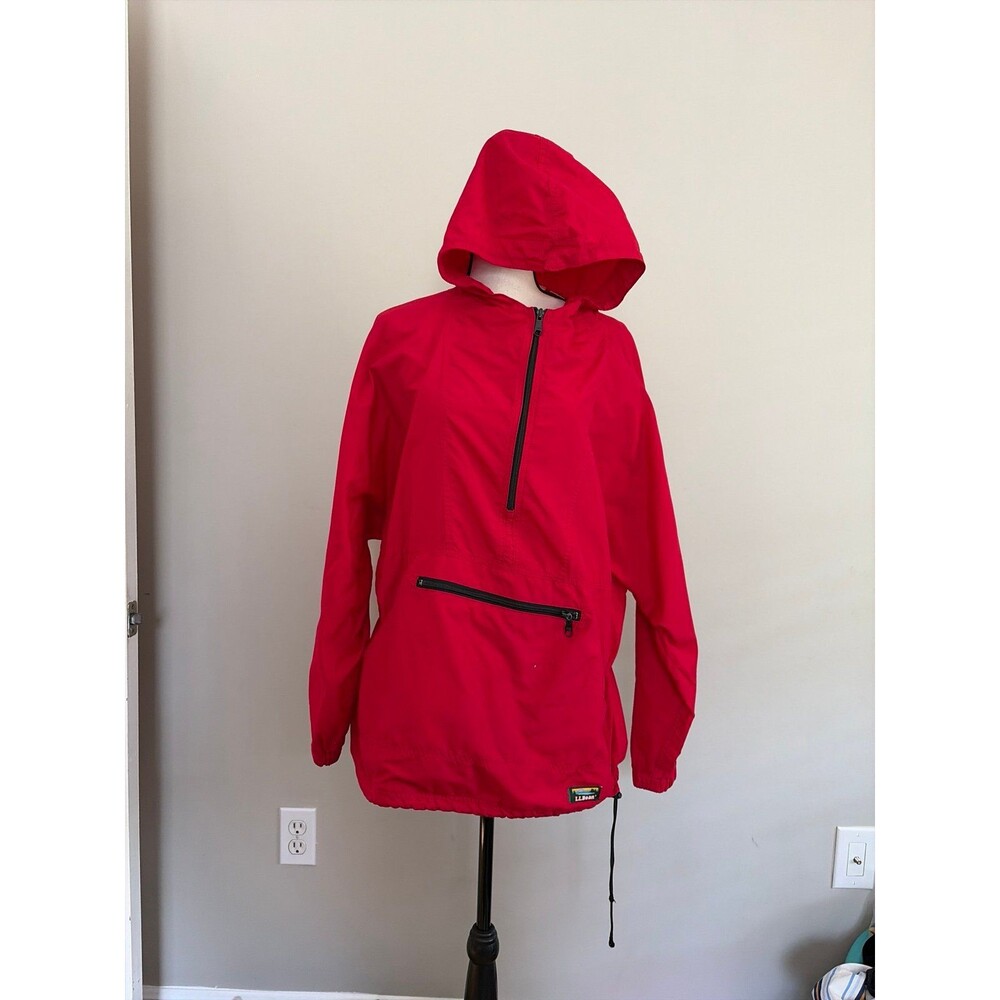 Vintage L.L. Bean Men's Red Anorak Retro Hooded Half Zip Windbreaker Medium